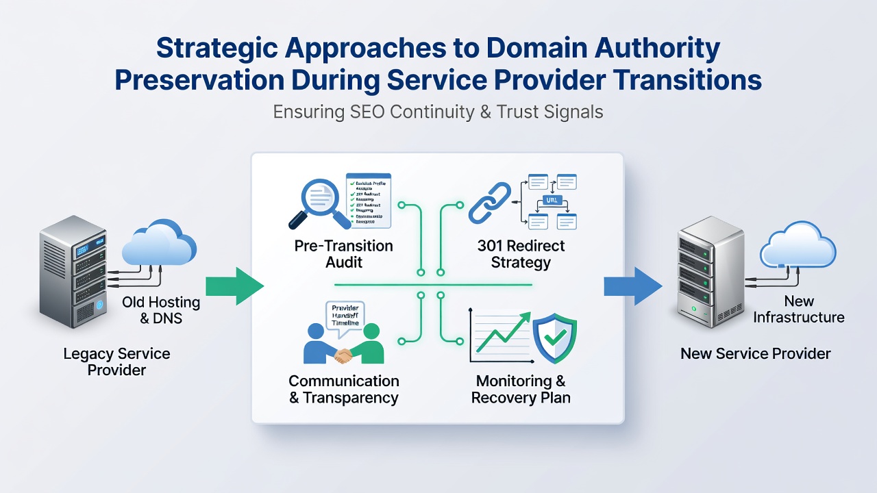 Technical flowchart illustrating redirect mapping, backlink monitoring, and authority tracking during provider handoffs